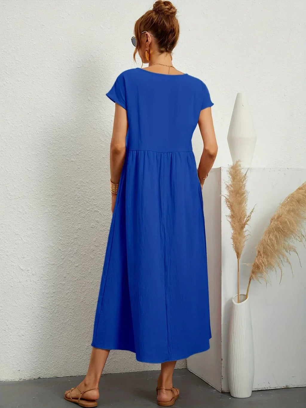 Vestido Casual de Manga Corta con Bolsillos para Mujer