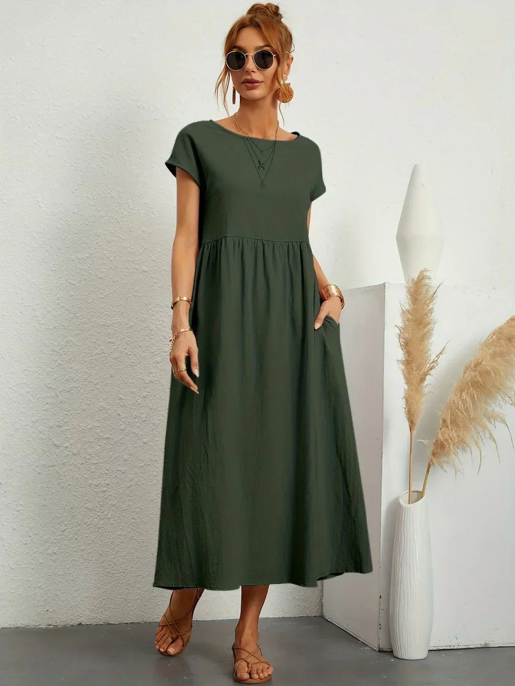 Vestido Casual de Manga Corta con Bolsillos para Mujer
