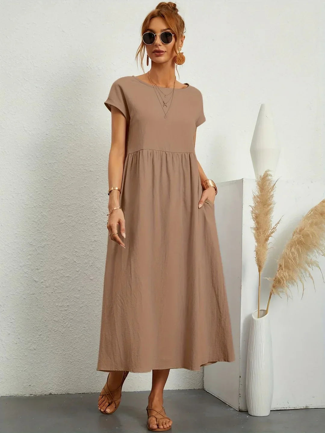 Vestido Casual de Manga Corta con Bolsillos para Mujer