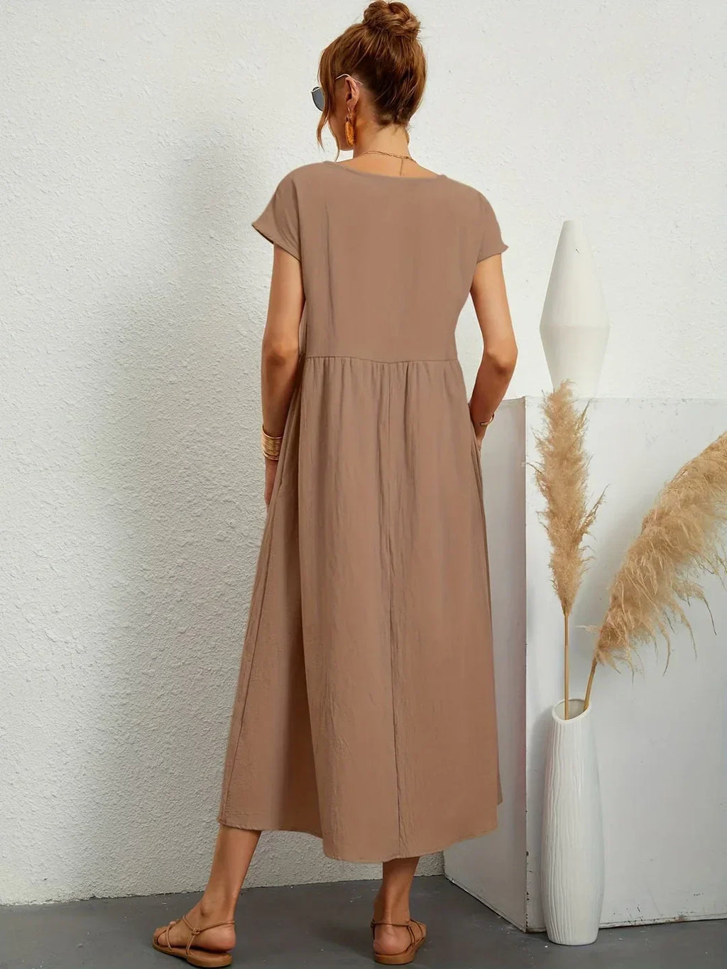 Vestido Casual de Manga Corta con Bolsillos para Mujer