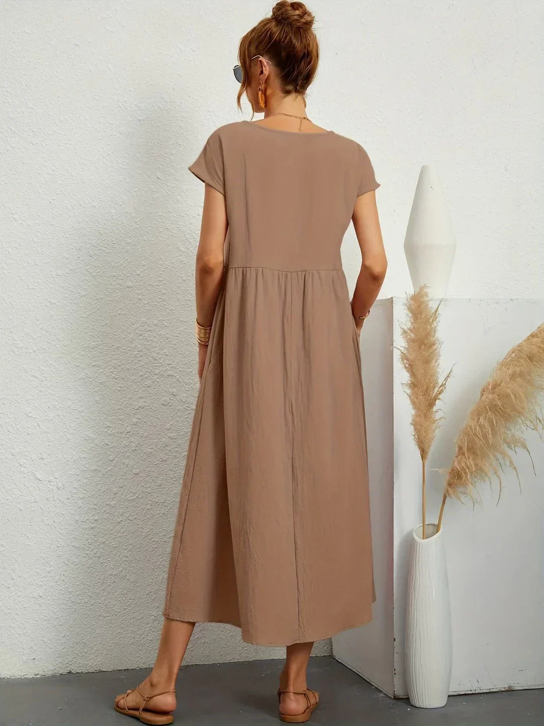 Vestido Casual de Manga Corta con Bolsillos para Mujer