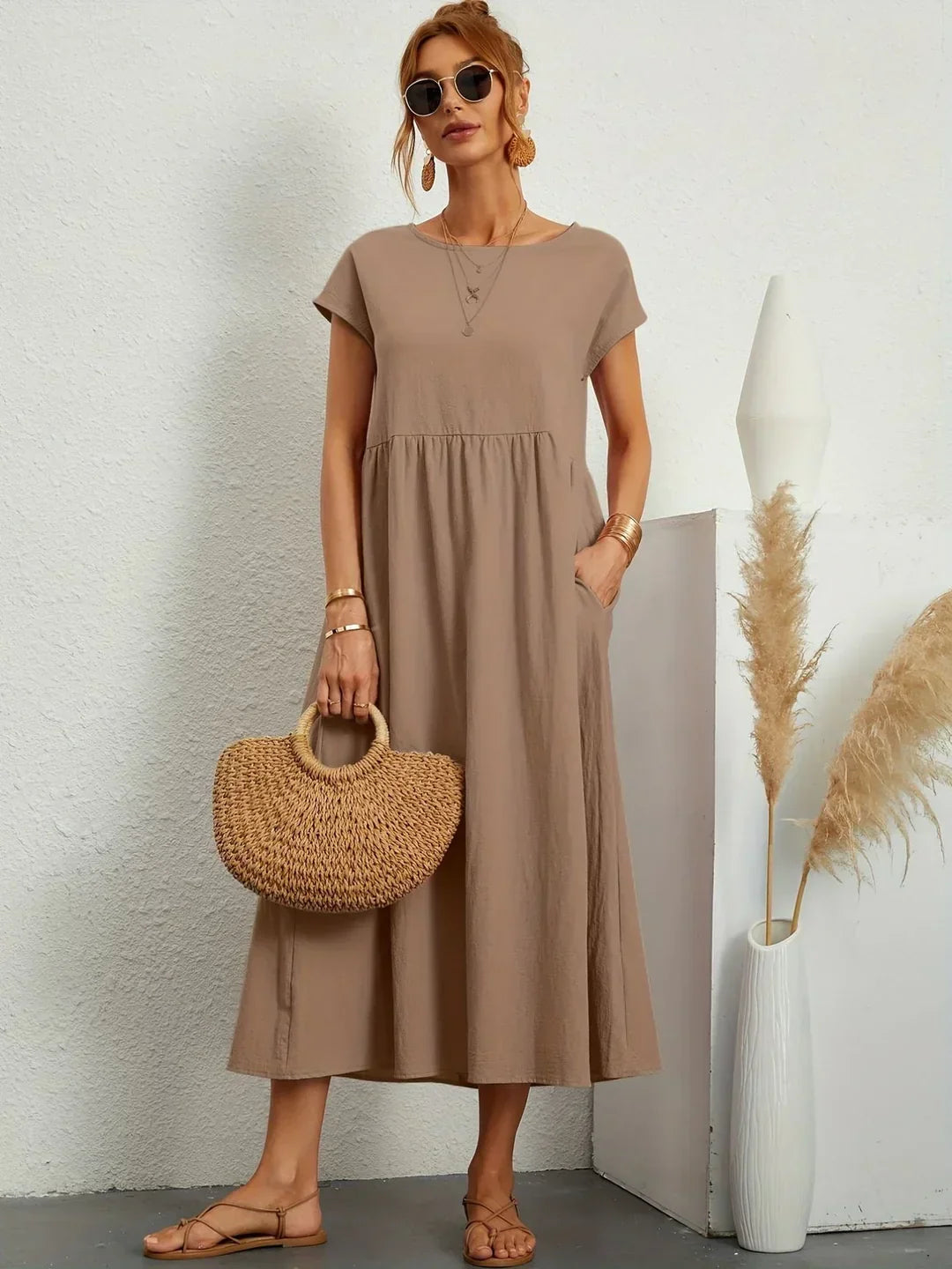 Vestido Casual de Manga Corta con Bolsillos para Mujer