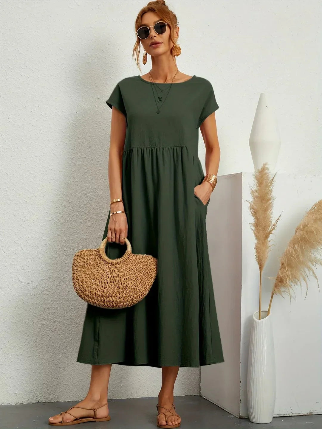 Vestido Casual de Manga Corta con Bolsillos para Mujer