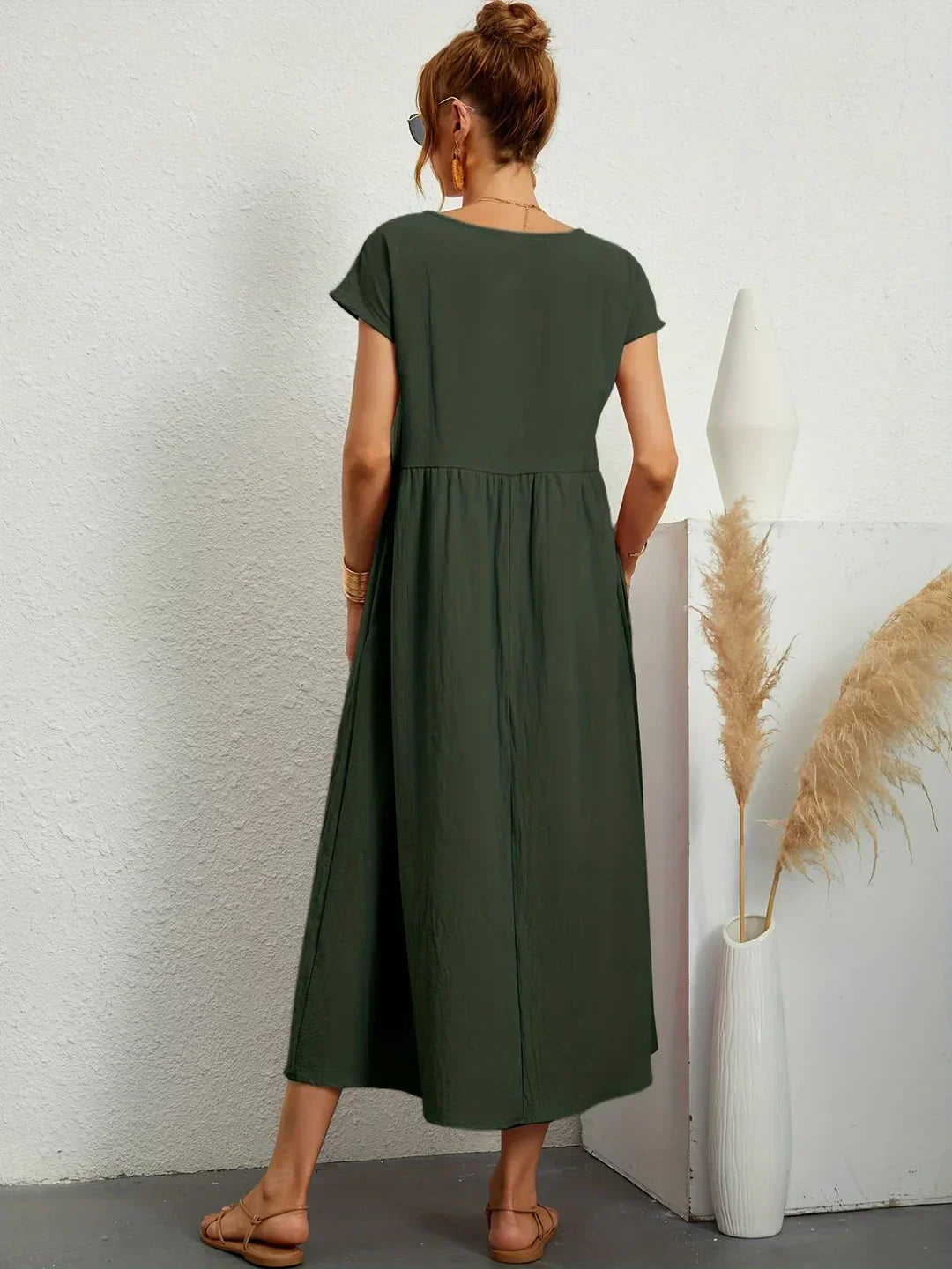 Vestido Casual de Manga Corta con Bolsillos para Mujer