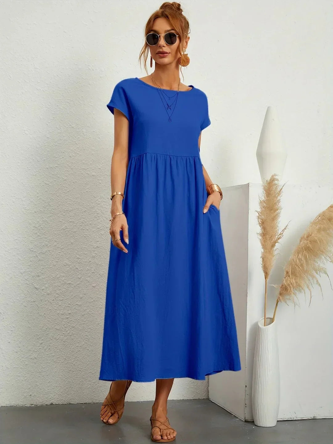 Vestido Casual de Manga Corta con Bolsillos para Mujer