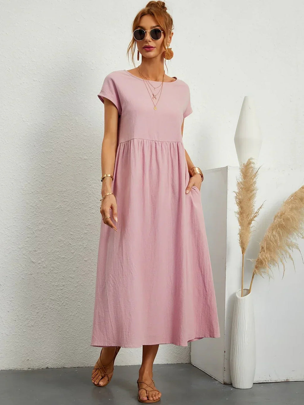 Vestido Casual de Manga Corta con Bolsillos para Mujer