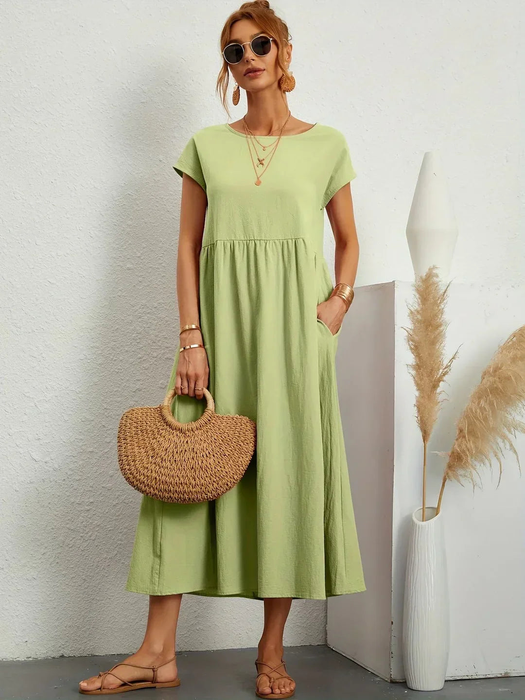 Vestido Casual de Manga Corta con Bolsillos para Mujer