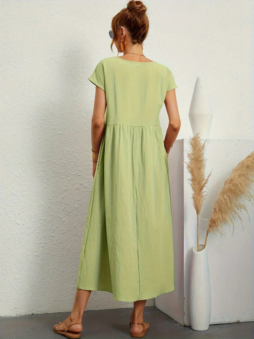 Vestido Casual de Manga Corta con Bolsillos para Mujer