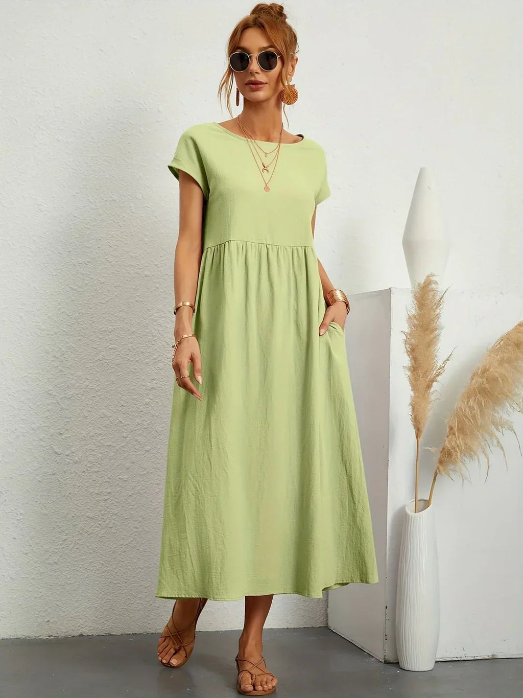 Vestido Casual de Manga Corta con Bolsillos para Mujer