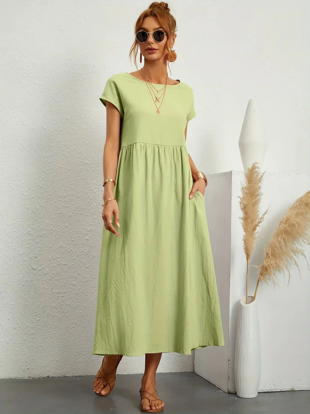 Vestido Casual de Manga Corta con Bolsillos para Mujer