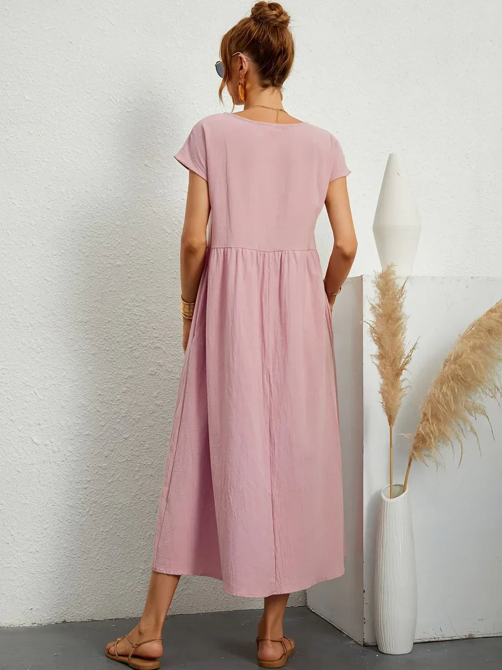 Vestido Casual de Manga Corta con Bolsillos para Mujer