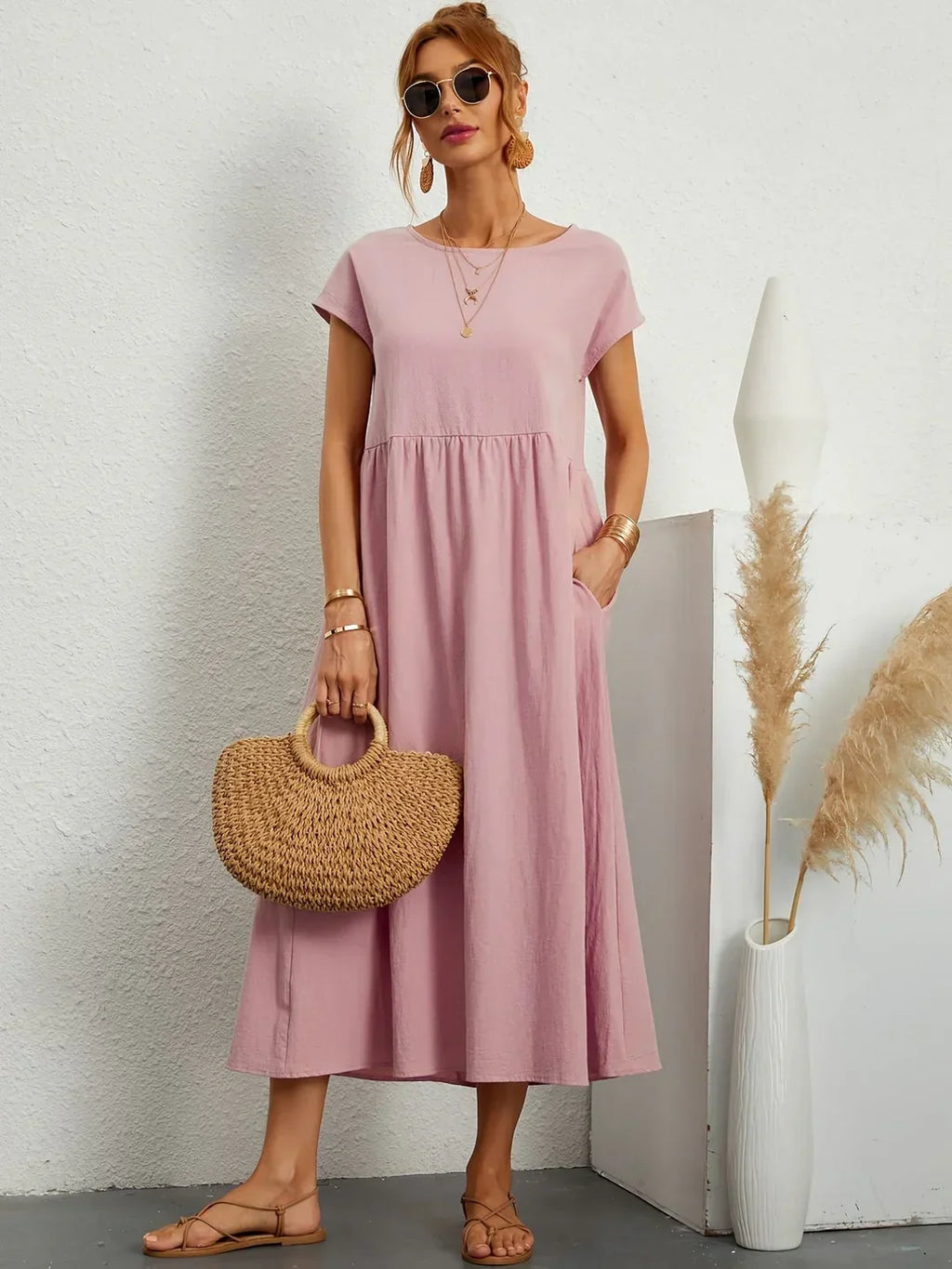 Vestido Casual de Manga Corta con Bolsillos para Mujer