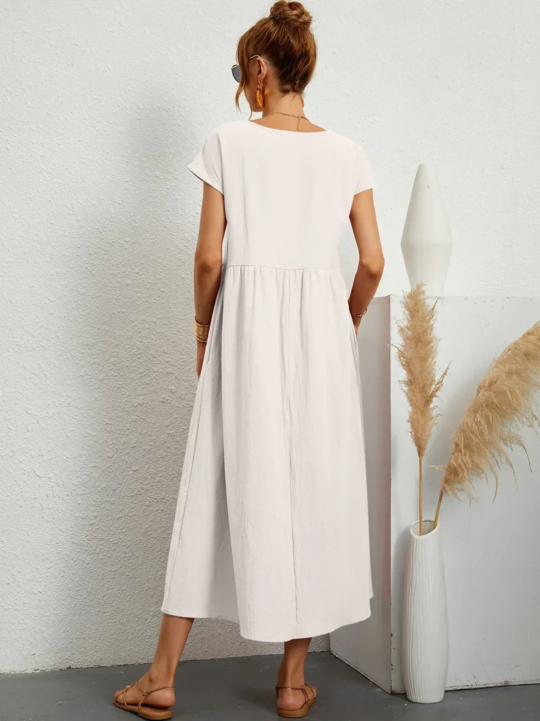 Vestido Casual de Manga Corta con Bolsillos para Mujer