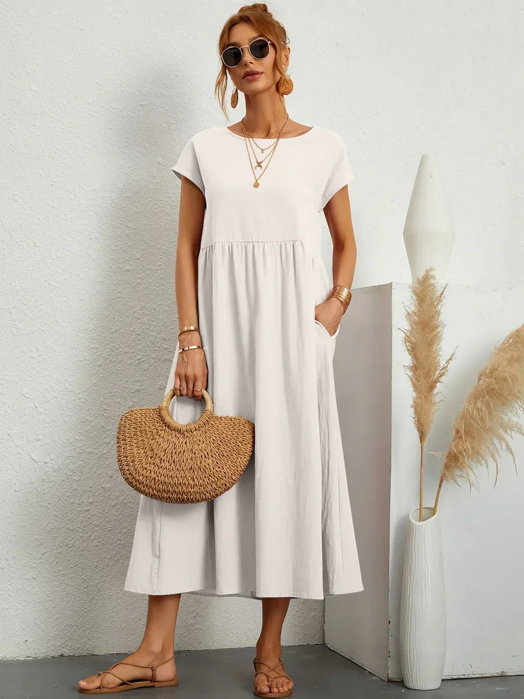 Vestido Casual de Manga Corta con Bolsillos para Mujer