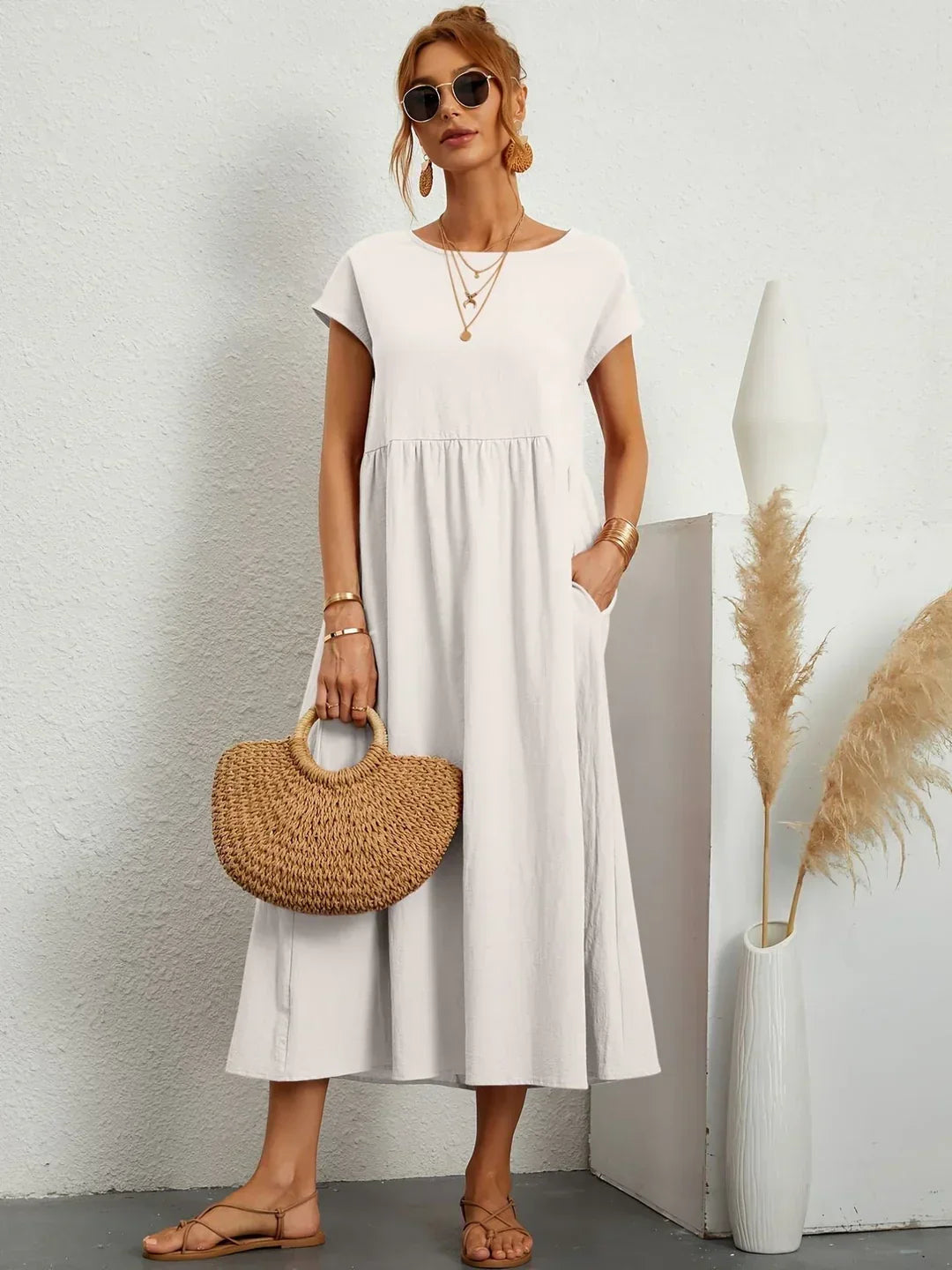Vestido Casual de Manga Corta con Bolsillos para Mujer