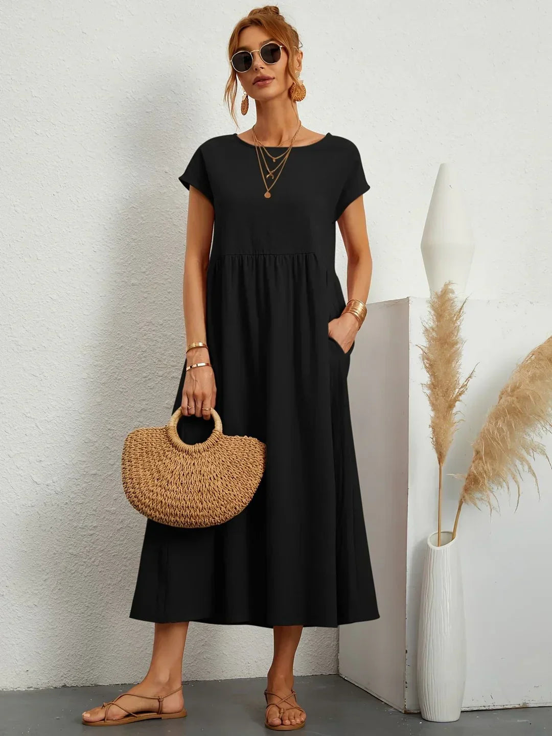 Vestido Casual de Manga Corta con Bolsillos para Mujer