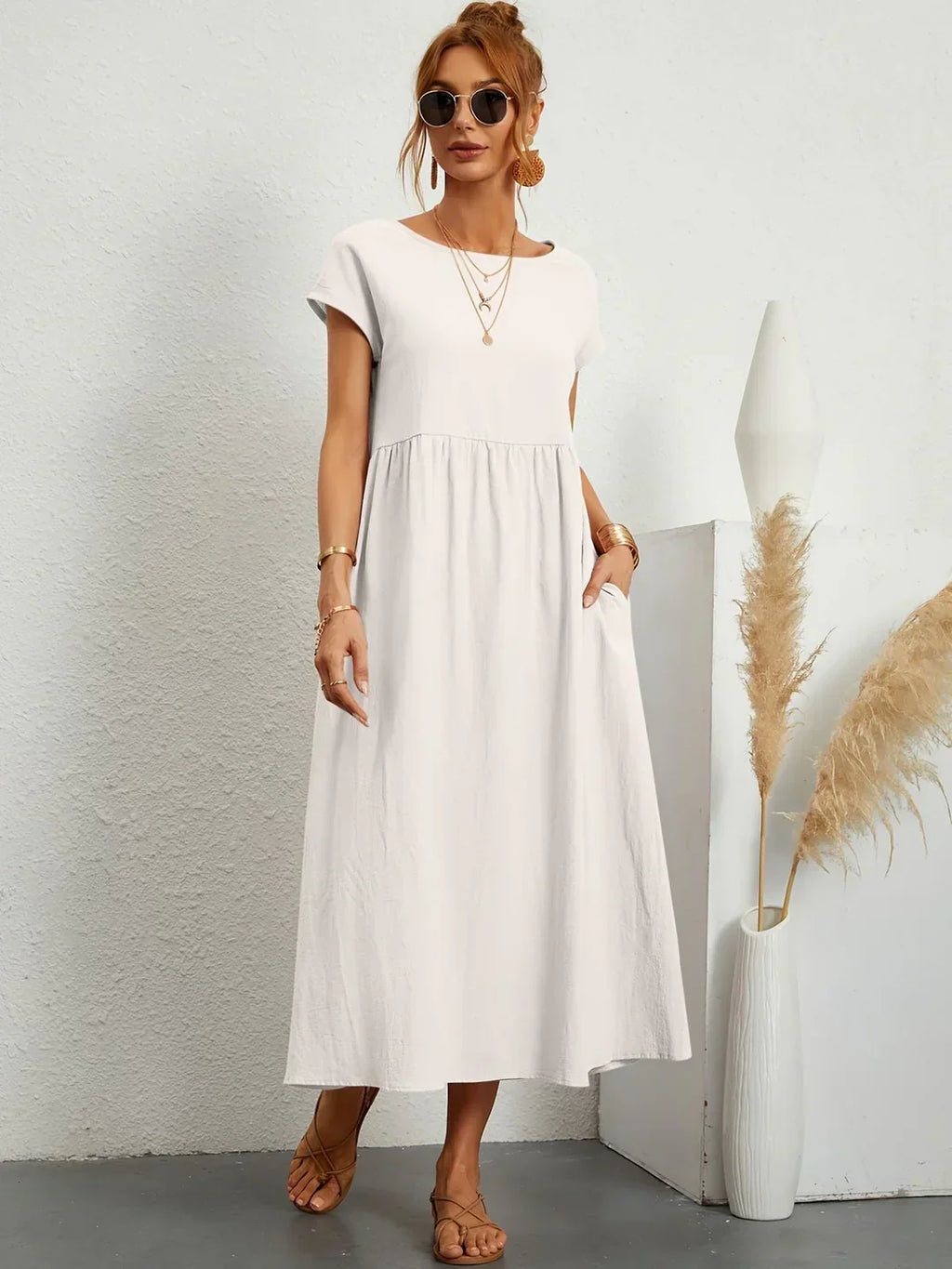 Vestido Casual de Manga Corta con Bolsillos para Mujer