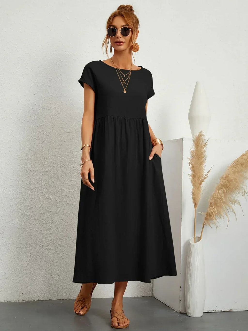 Vestido Casual de Manga Corta con Bolsillos para Mujer