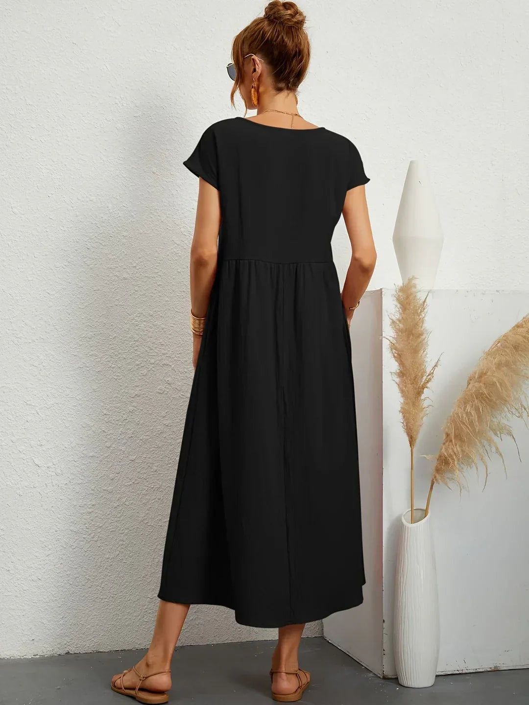Vestido Casual de Manga Corta con Bolsillos para Mujer
