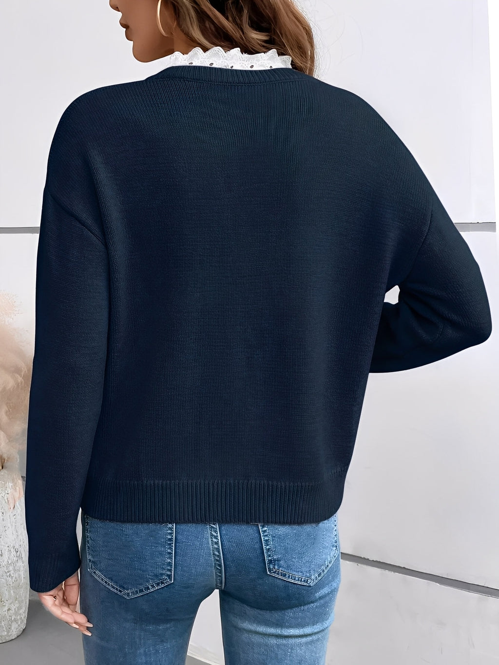 Suéter de Punto Cuello V con Encaje para Mujer