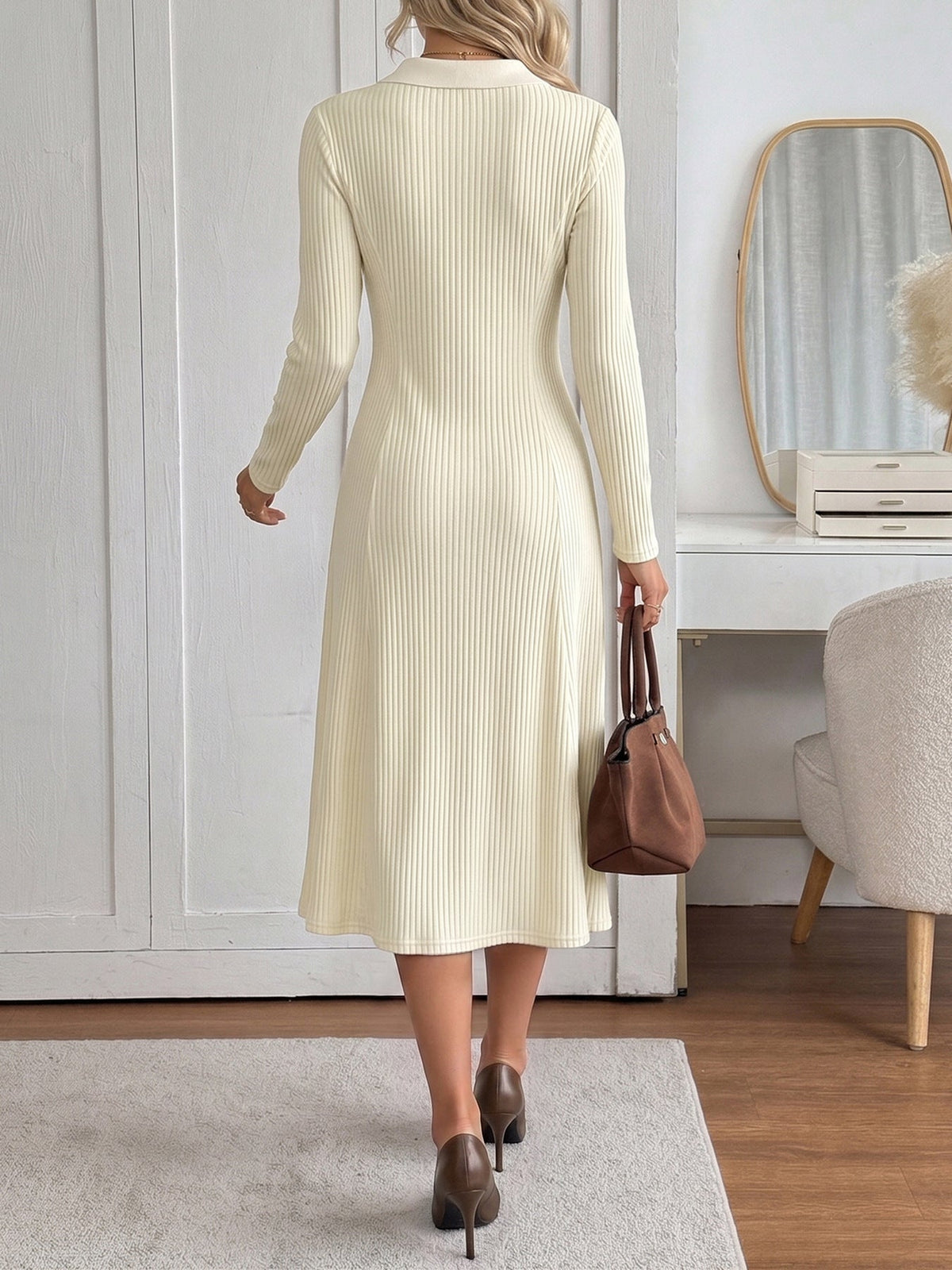 Vestido Midi de Punto Acanalado de Manga Larga con Cuello Polo para Mujer