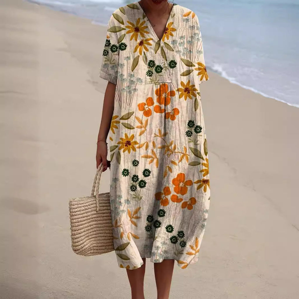 Vestido Floral de Manga Corta para Mujer