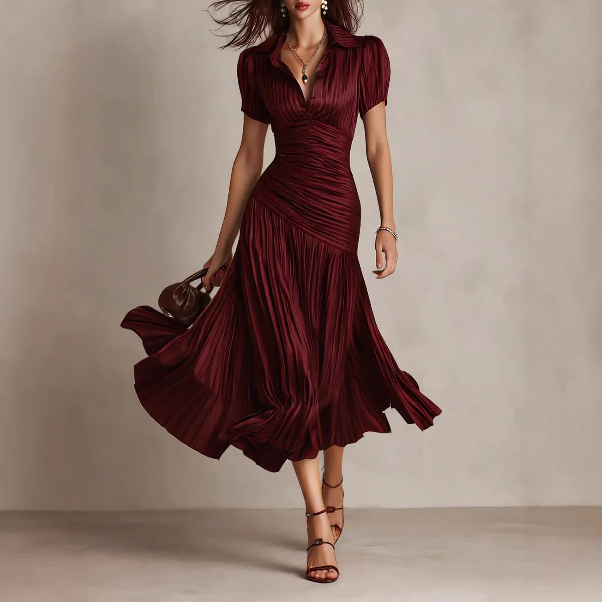 Vestido Midi Plisado a Rayas de Satén con Cuello en V para Mujer