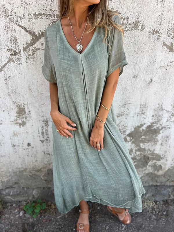 Vestido de Lino y Algodón con Cuello en V para Mujeres
