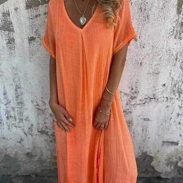 Vestido de Lino y Algodón con Cuello en V para Mujeres