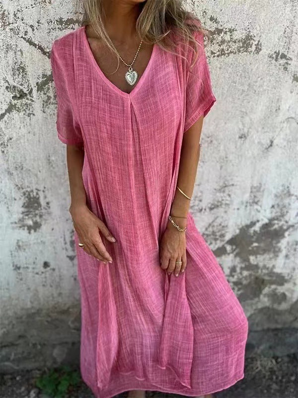 Vestido de Lino y Algodón con Cuello en V para Mujeres