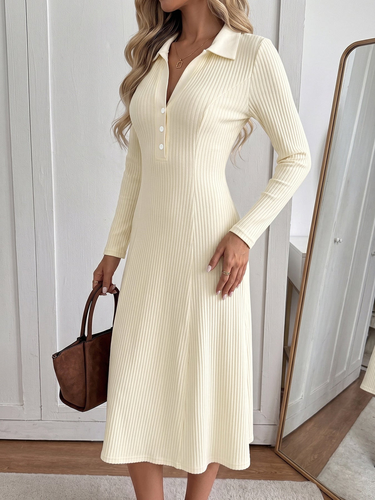 Vestido Midi de Punto Acanalado de Manga Larga con Cuello Polo para Mujer