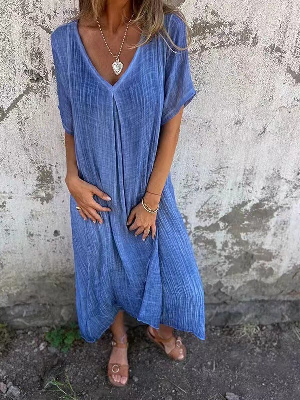 Vestido de Lino y Algodón con Cuello en V para Mujeres
