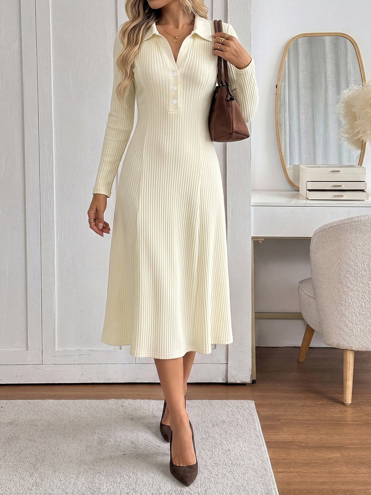Vestido Midi de Punto Acanalado de Manga Larga con Cuello Polo para Mujer