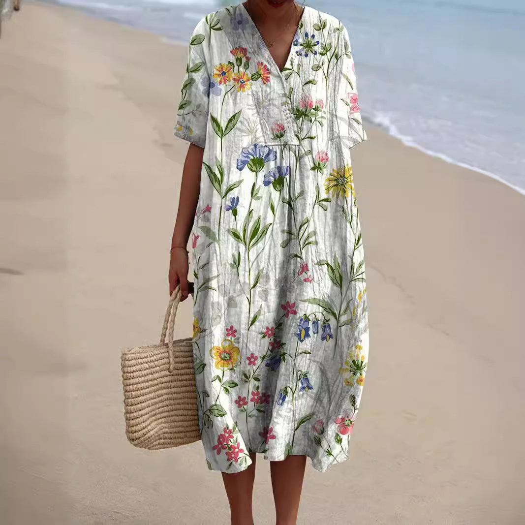 Vestido Floral de Manga Corta para Mujer