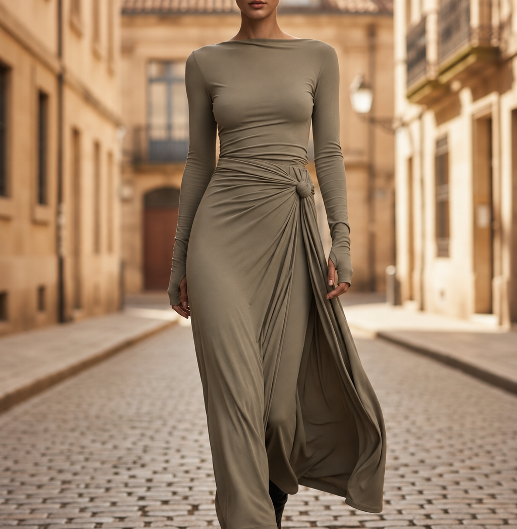 Vestido Maxi Fluido de Manga Larga con Cintura Ajustable para Mujer