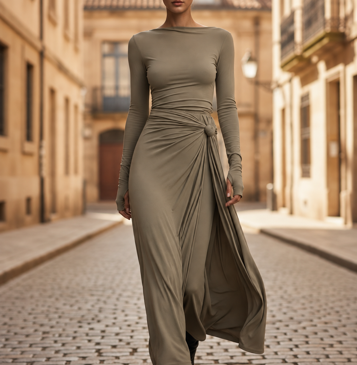 Vestido Maxi Fluido de Manga Larga con Cintura Ajustable para Mujer
