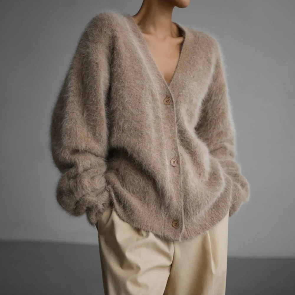 Oversized V Neck Fuzzy Knit Cardigan with Button Front for Women