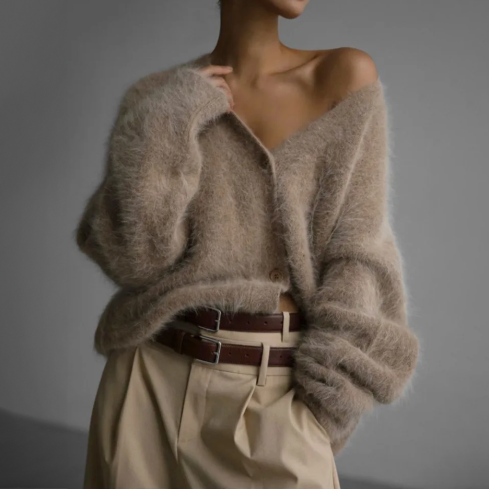 Oversized V Neck Fuzzy Knit Cardigan with Button Front for Women