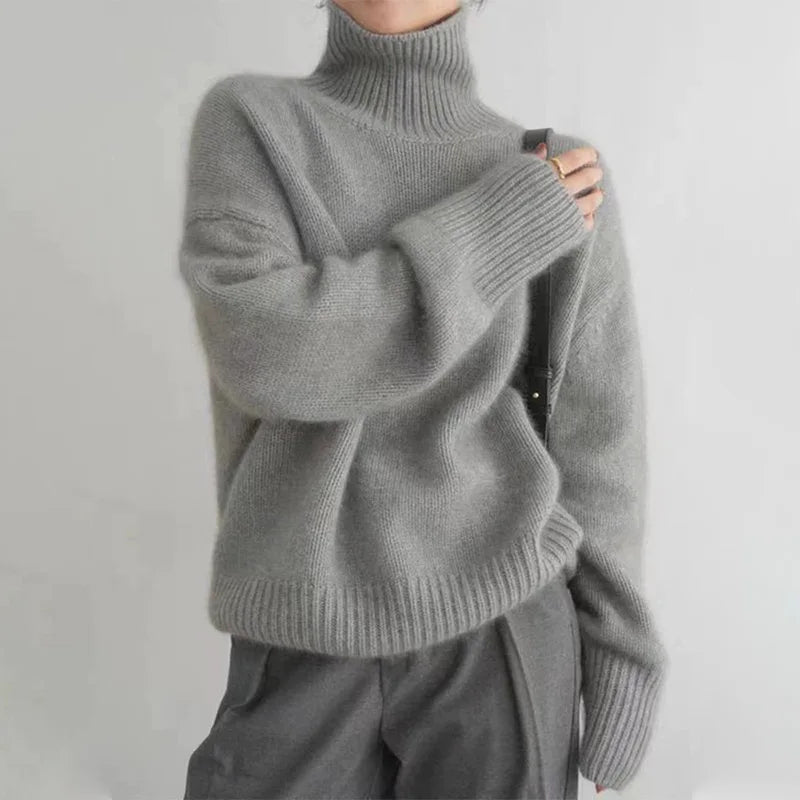 Oversized Ribbed Knit Pullover Turtleneck Sweater for Women