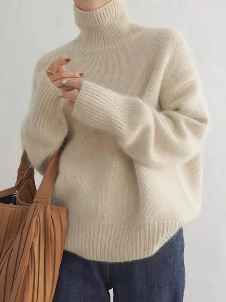 Oversized Ribbed Knit Pullover Turtleneck Sweater for Women