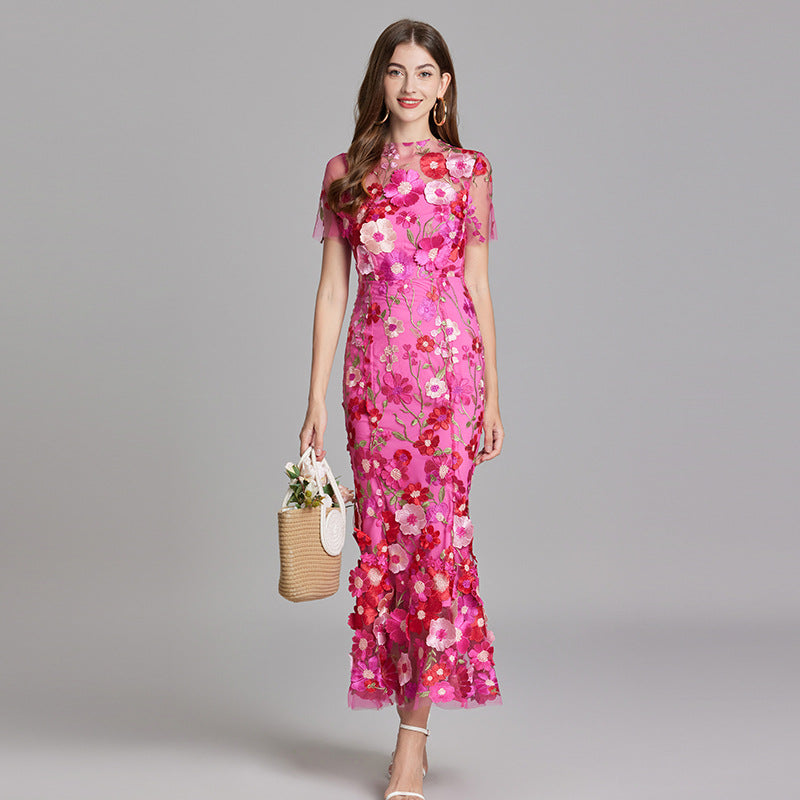 Vestido Largo Ajustado con Bordado Floral para Mujer | Ideal para Salir