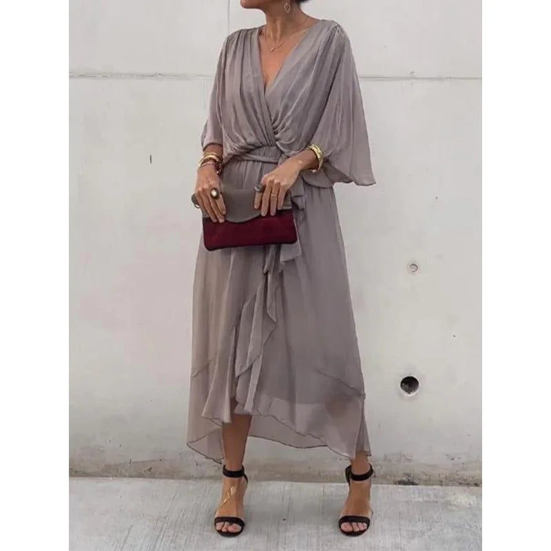 Irregular Chiffon Dress with Bat Sleeve for Women