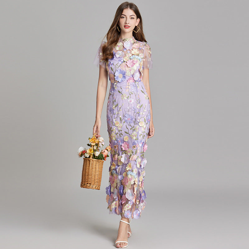 Vestido Largo Ajustado con Bordado Floral para Mujer | Ideal para Salir