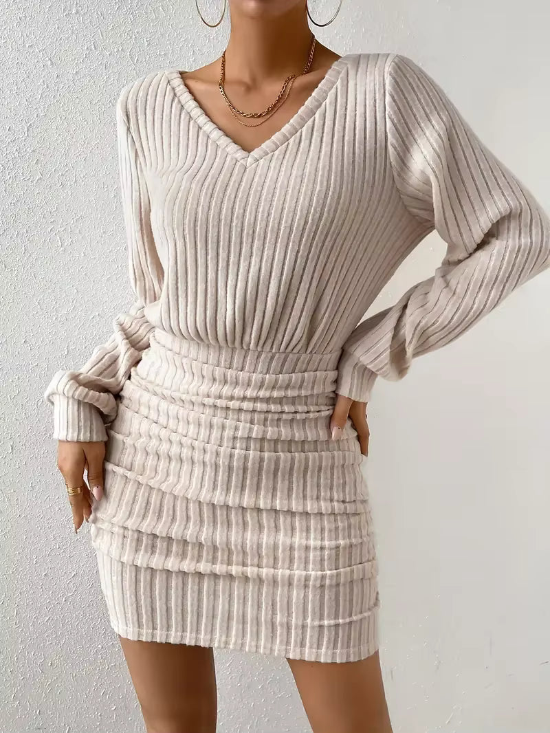 V Neck Ribbed Sweater Mini Dress for Women