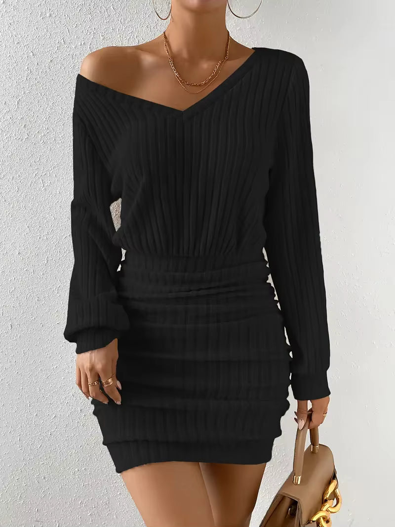 V Neck Ribbed Sweater Mini Dress for Women