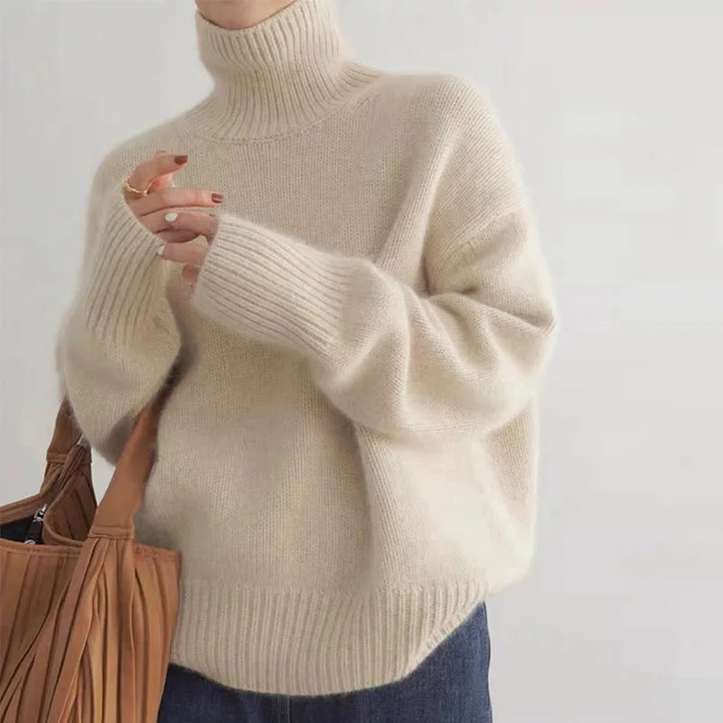 Oversized Ribbed Knit Pullover Turtleneck Sweater for Women