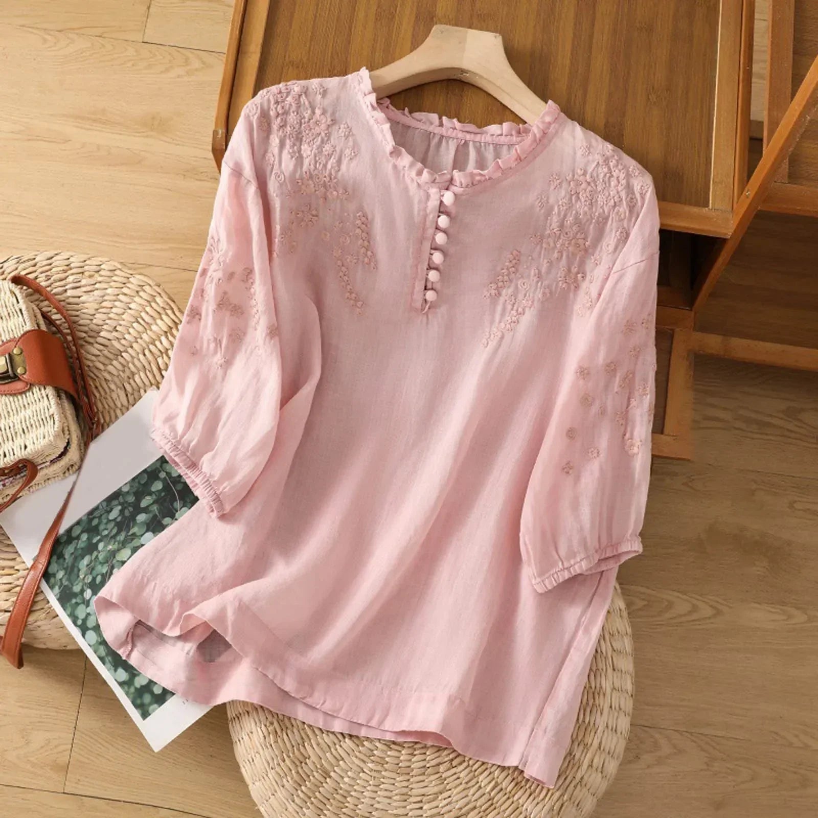 Embroidered Three-Quarter Sleeve Blouse for Women