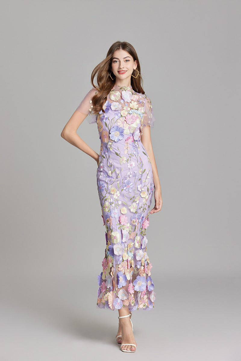 Vestido Largo Ajustado con Bordado Floral para Mujer | Ideal para Salir