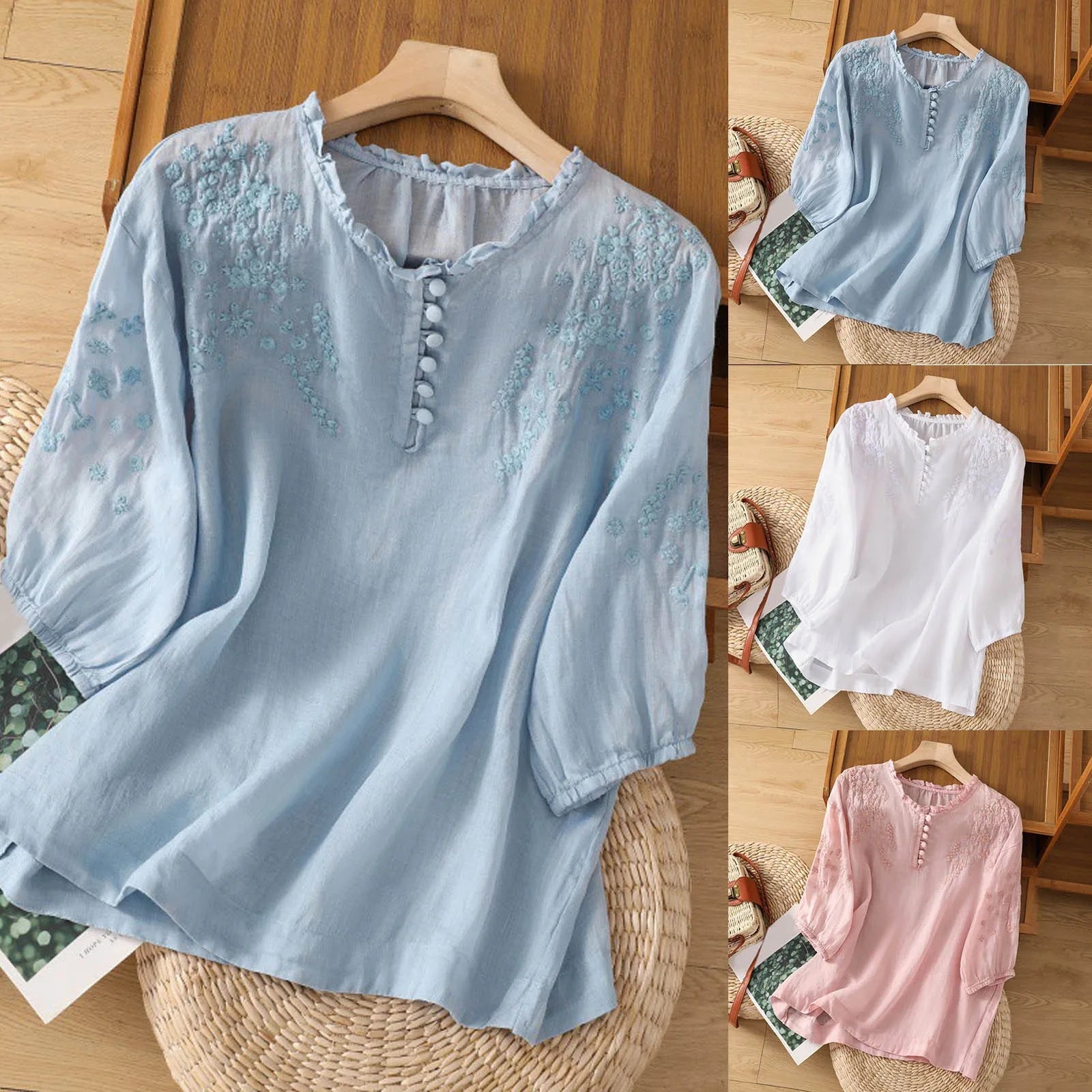Embroidered Three-Quarter Sleeve Blouse for Women