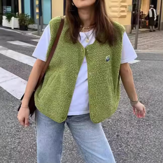 Cropped Sleeveless Teddy Fleece Vest with Button Front for Women